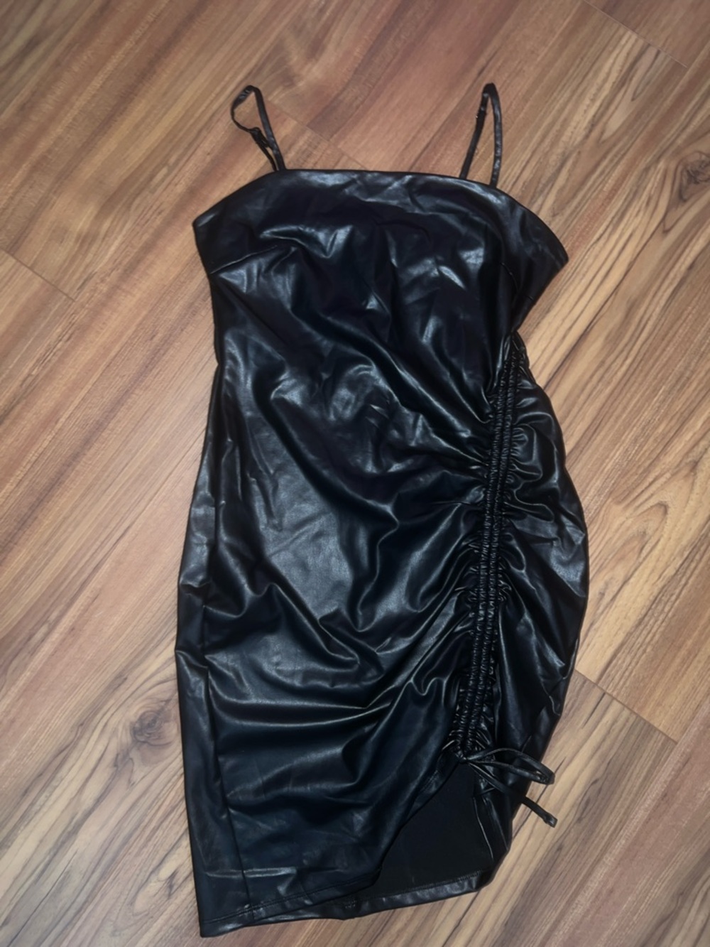 Almost Famous Black Faux Leather Ruched Mini Dress